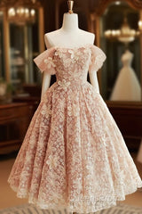 Cute Tulle Flower Short Evening Prom Dress, Beautiful Off The Shoulder A-Line Evening Party Dress