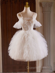 Cute Tulle Lace Light Champagne Short Evening Prom Dress, Cut Homecoming Dress