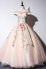 Cute Tulle Lace Long Evening Dress, A-Line Off Shoulder Party Dress