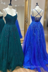 Cute Tulle Lace Long Evening Prom Dress, A-Line Backless Evening Party Dress