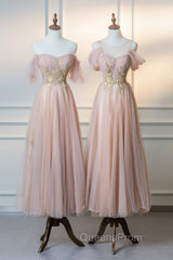 Cute Tulle Lace Tea Length Evening Prom Dress, Pink A-Line Evening Party Dress