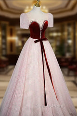 Cute Tulle Long Evening Prom Dress with Velvet, A-Line Short Sleeve Evening Dress