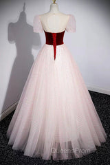 Cute Tulle Long Evening Prom Dress with Velvet, A-Line Short Sleeve Evening Dress
