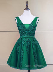 Cute Tulle V-neckline Beaded Short Evening Prom Dress, Homecoming Dress 2026