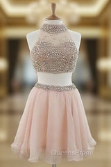 Cute Two Pieces Sequin Short Evening Prom Dress, Cute Pink Homecoming Dress