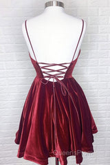 Cute V Neck Backless Burgundy Velvet Short Evening Prom Homecoming Dress, Backless Maroon Formal Graduation Evening Dress