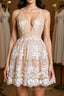 Cute V Neck Backless Pink Lace Appliques Short Evening Prom Dress, Pink Lace Formal Graduation Homecoming Dress