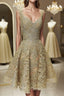 Cute V Neck Golden Lace Short Evening Prom Dress, Golden Lace Homecoming Dress, Golden Formal Evening Dress