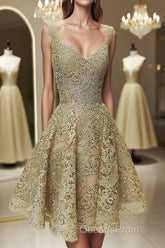 Cute V Neck Golden Lace Short Evening Prom Dress, Golden Lace Homecoming Dress, Golden Formal Evening Dress