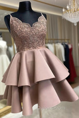 Cute V-Neck Lace Short Evening Prom Dress, A-Line Spaghetti Straps Homecoming Dress