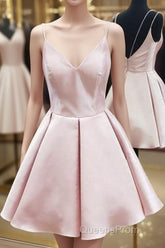 Cute V Neck Open Back Pink Short Evening Prom Dress, Backless Pink Homecoming Dress, Short Pink Formal Evening Dress