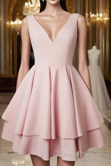 Cute v neck pink short Evening Prom Dress. pink homecoming Dress