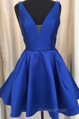 Cute V Neck Satin Short Evening Prom Dress, V Neck Homecoming Dress, Formal Evening Dress