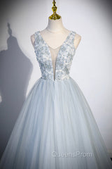 Cute V-Neck Tulle Long Evening Prom Dress, Gray Evening Dress Party Dress