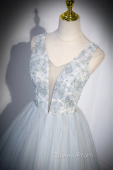 Cute V-Neck Tulle Long Evening Prom Dress, Gray Evening Dress Party Dress