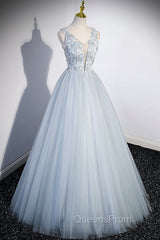 Cute V-Neck Tulle Long Evening Prom Dress, Gray Evening Dress Party Dress