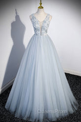 Cute V-Neck Tulle Long Evening Prom Dress, Gray Evening Dress Party Dress