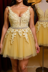 Cute V Neck Yellow Lace Short Evening Prom Dress with Belt, Yellow Lace Homecoming Dress, Short Yellow Formal Evening Dress