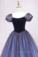 Cute Velvet Tulle Long Evening Prom Dress, A-Line Short Sleeve Graduation Dress