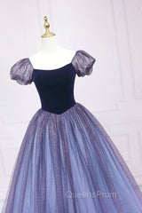 Cute Velvet Tulle Long Evening Prom Dress, A-Line Short Sleeve Graduation Dress