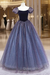 Cute Velvet Tulle Long Evening Prom Dress, A-Line Short Sleeve Graduation Dress
