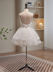 Cute White Short Tulle Beaded Graduation Dress, White Short Evening Prom Dress Evening Dress