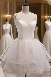 Cute White Short Tulle Beaded Graduation Dress, White Short Evening Prom Dress Evening Dress
