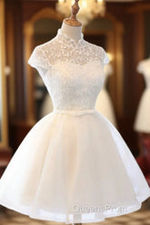 Cute White Tulle Short Lace Cap Sleeves Party Dress, White Homecoming Dress