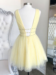 Cute Yellow V Neck Tulle Beads Short Evening Prom Dress Yellow Homecoming Dress