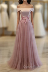 Pink A Line Off Shoulder Floor Length Evening Prom Dress, Lace Evening Dress