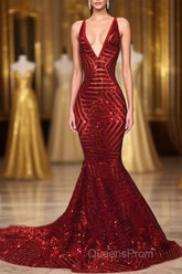 Red Sequins Shiny V-Neck Mermaid Long Evening Prom Dress