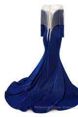 Deep V-neck Shiny Royal Blue Long sleeves Mermaid Semi Formal Prom Dresses