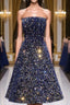 Dark Blue A-Line Sequin Lace Short Evening Prom Dress, Cute Blue Homecoming Dress