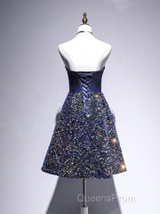 Dark Blue A-Line Sequin Lace Short Evening Prom Dress, Cute Blue Homecoming Dress