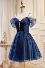Dark Blue A-Line Short Evening Prom Dress, Dark Blue Homecoming Dress