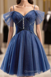 Dark Blue A-Line Short Evening Prom Dress, Dark Blue Homecoming Dress