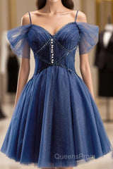 Dark Blue A-Line Short Evening Prom Dress, Dark Blue Homecoming Dress
