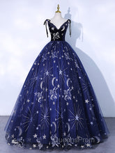 Dark Blue A-Line Tulle Lace Long Evening Prom Dress, Dark Blue Long Evening Dress