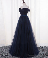 Dark Blue A Line Tulle Long Prom Dress, Evening Dress