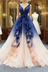 Dark Blue And Champagne Tulle V-neck Backless Beading Evening Prom Dress