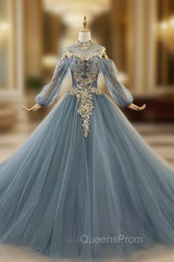 Dark Blue Ball Gown Tulle High Neck Long Sleeve Sequins Wedding Dress