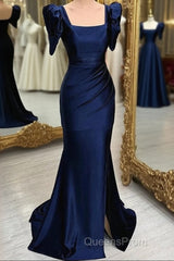 Dark Blue Blue Long Mermaid Evening Prom Dress With Slit, Dark Blue Party Dress