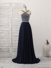 Dark Blue Chiffon Beads Long Prom Dress, Blue Evening Dress