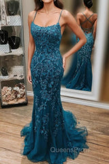 Dark Blue Mermaid Spaghetti Straps Appliques Evening Prom Dress