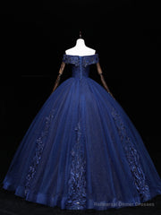 Dark Blue Off Shoulder Tulle Lace Long Prom Gown, Blue Sweet 16 Dress With Beading Sequin
