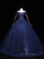 Dark Blue Off Shoulder Tulle Lace Long Evening Prom Gown, Blue Sweet 16 Dress With Beading Sequin