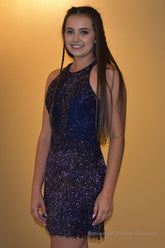 Dark Blue Open Back Sequins Homecoming Dress