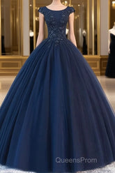 Dark blue round neck tulle lace long Evening Prom Dress, blue tulle lace evening Dress