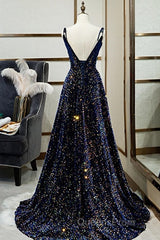 Dark Blue Sequin A Line Spaghetti Straps Bling Bling Evening Prom Dress