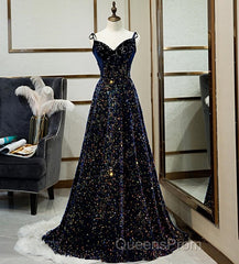 Dark Blue Sequin A Line Spaghetti Straps Bling Bling Evening Prom Dress